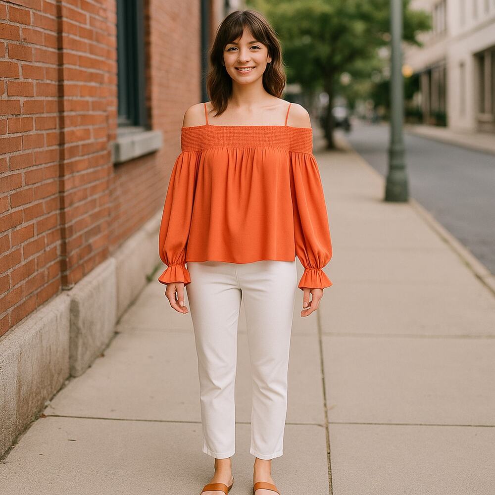Ultra Flirt Coral Smocked Off Shoulder Balloon Sleeve Blouse Top M Juniors NWT